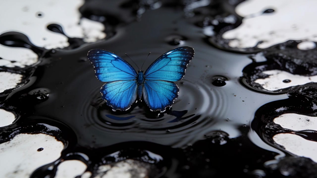 Rispondendo alle increspature, una farfalla blu che apre le ali, allineandosi su una superficie bianca con liquido nero.