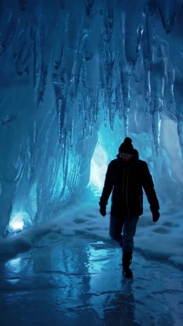man exploring a glowing blue ice cave