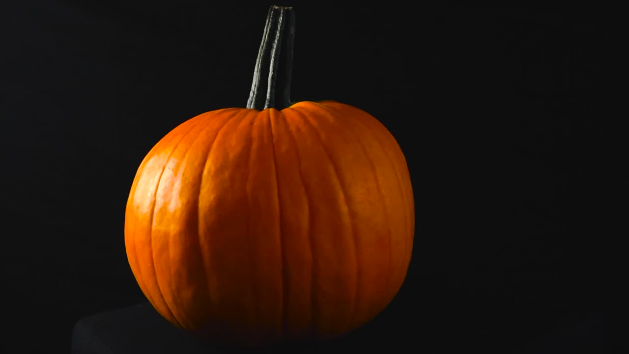 Close up view orbiting around a orange fresh and tasty pumpking that is uncarved and in front of a black studio background with good spotlight lights lighting it. Textures and details visible