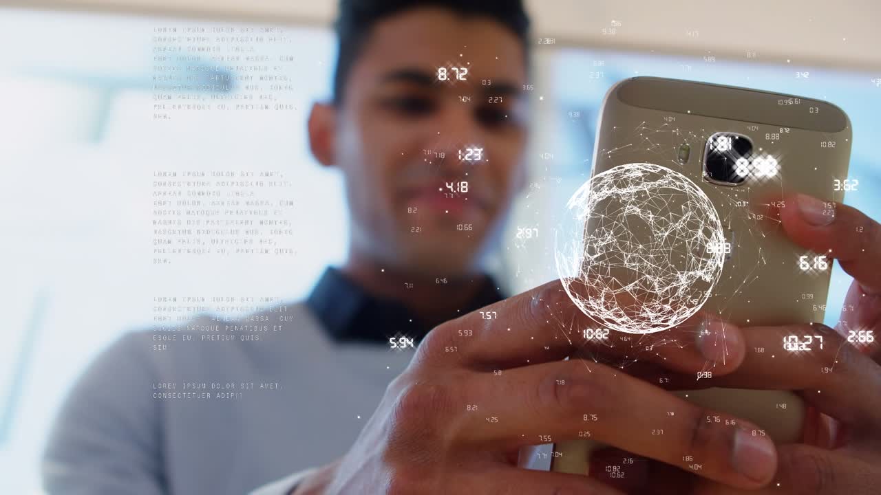 Animation of data processing over happy man using smartphone