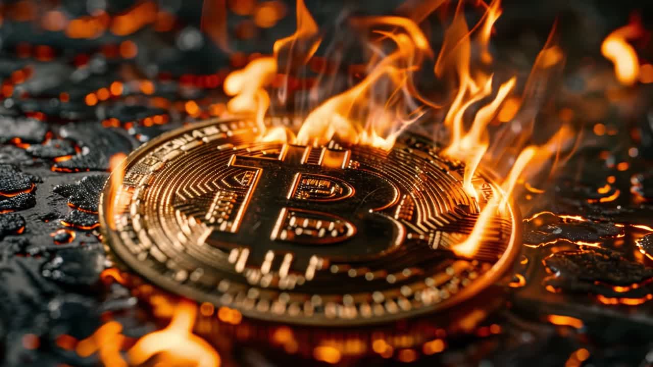 A golden Bitcoin coin engulfed in flames
