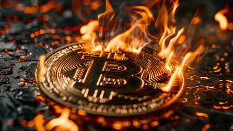 a golden bitcoin coin engulfed in flames
