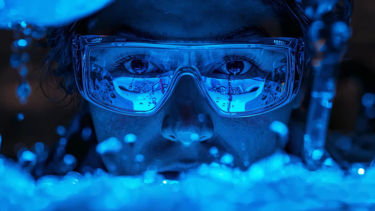 Reacting to bubbles rising, tech with goggles observing blue bubbling liquid in tank at lab bench