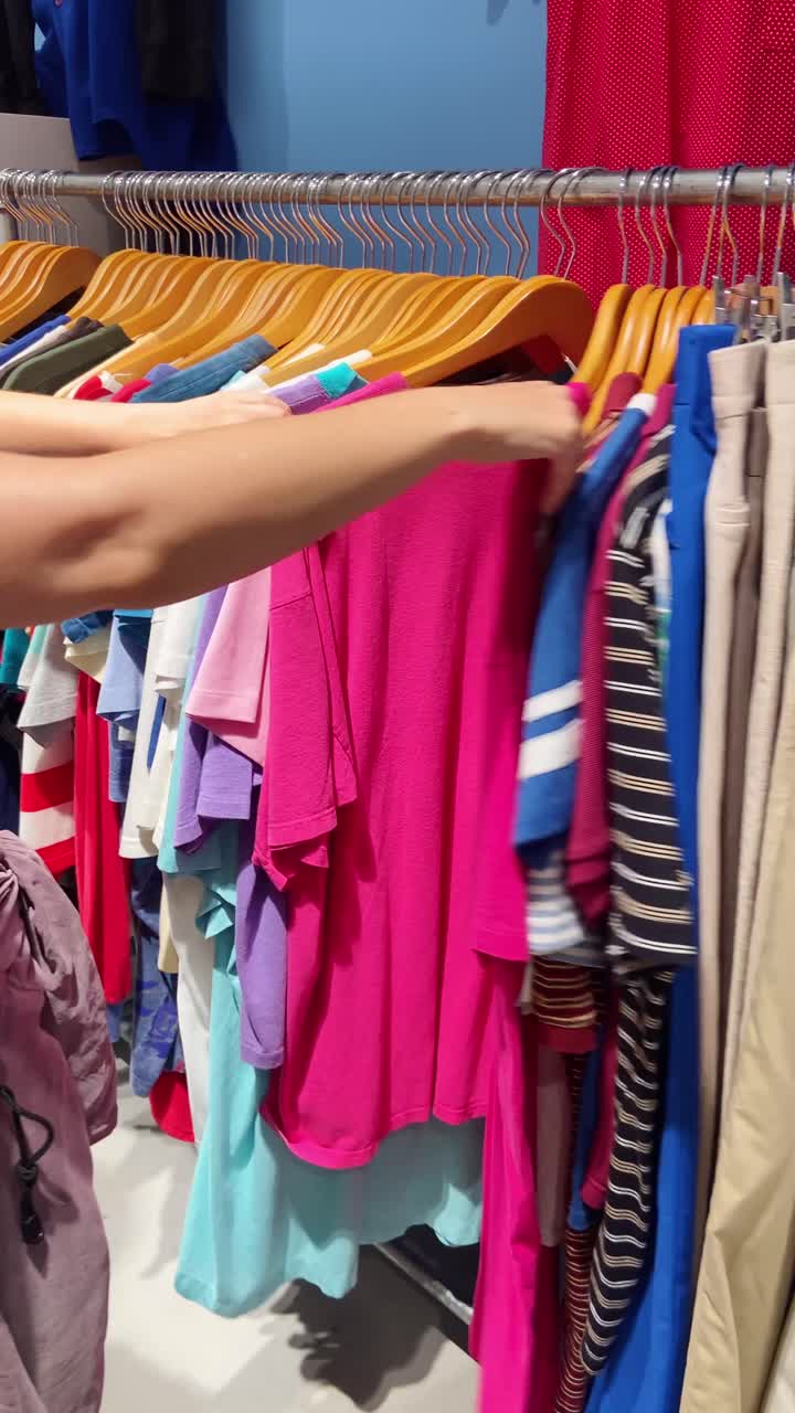 Young woman thrifting through second hand clothes in vintage retro store or market. Reusable fashion wear. Hipster female looking for item to buy in salvation shop or donation charity sustainable wear