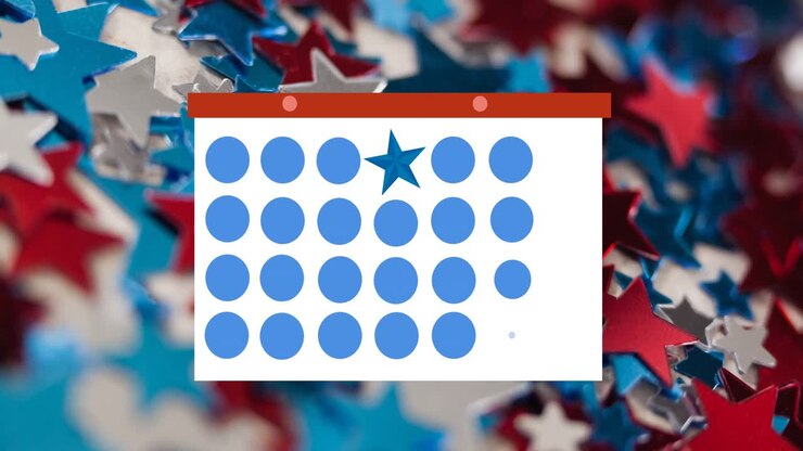 Animation of token template card and blue star moving over american flag coloured stars