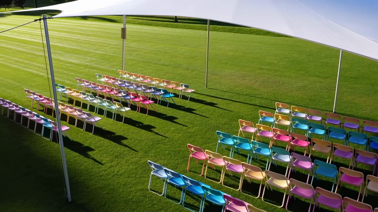 Elevated oblique view of organized outdoor seating under large white tensile canopy on well-trimmed green lawn