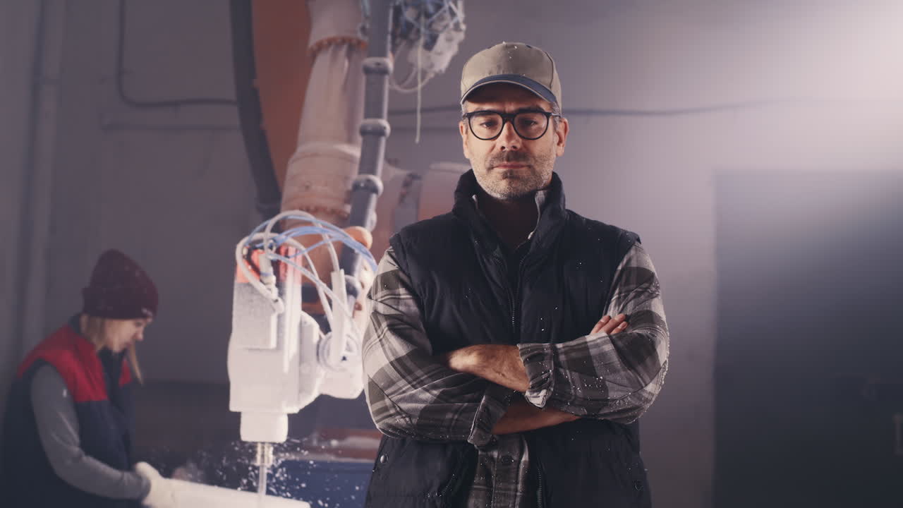 Factory Workers and Industrial Robot