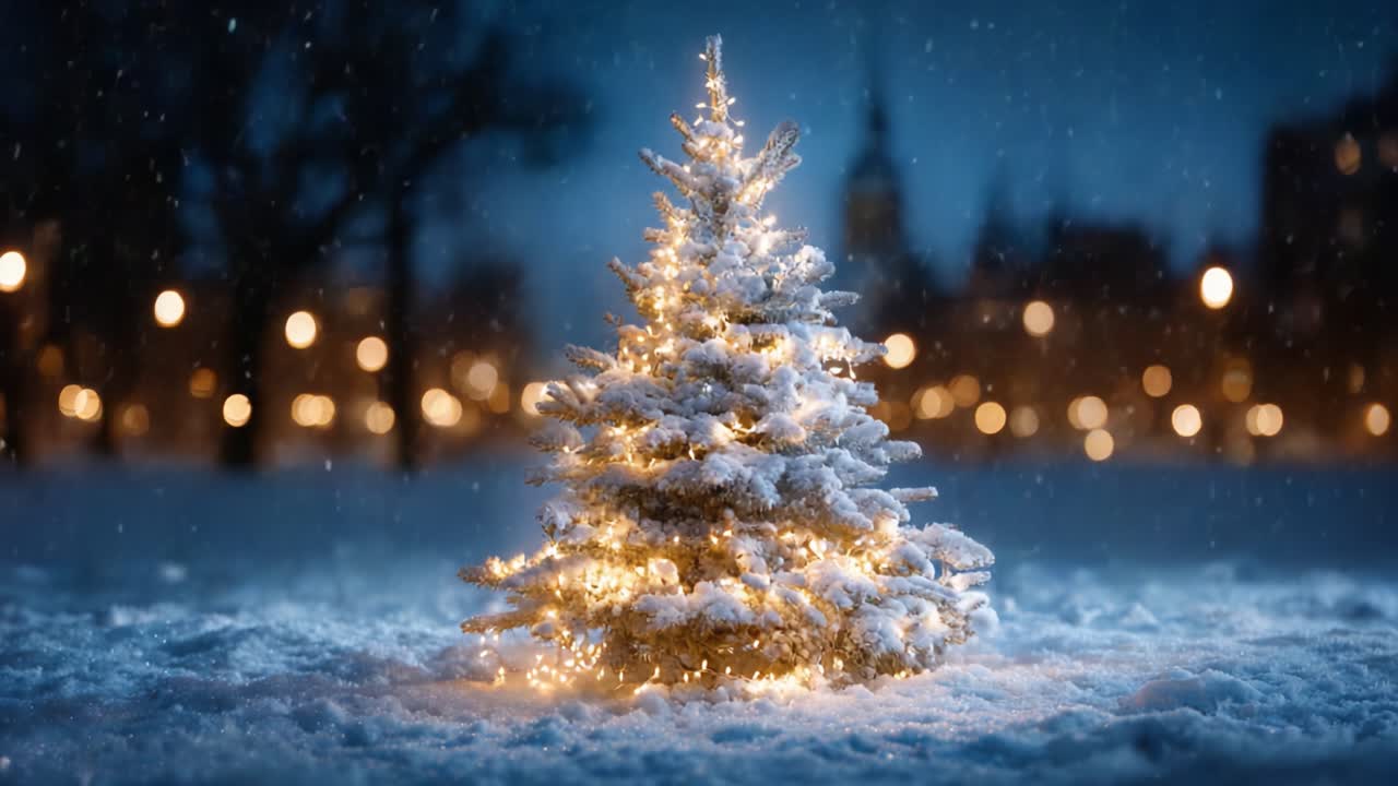 A Beautifully Lit Christmas Tree in Serene Snowfall Capturing the Essence of Holiday Magic and Winter Wonderland at Night