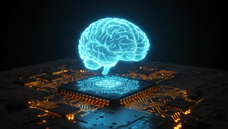 a glowing brain hologram above a circuit board, representing the intersection of artificial intelligence and neural networks in modern technology advancement