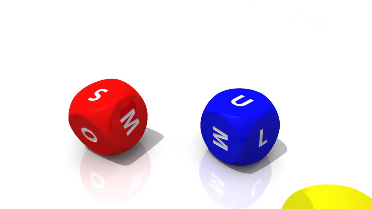 3D multicolour dices rolling against a white background