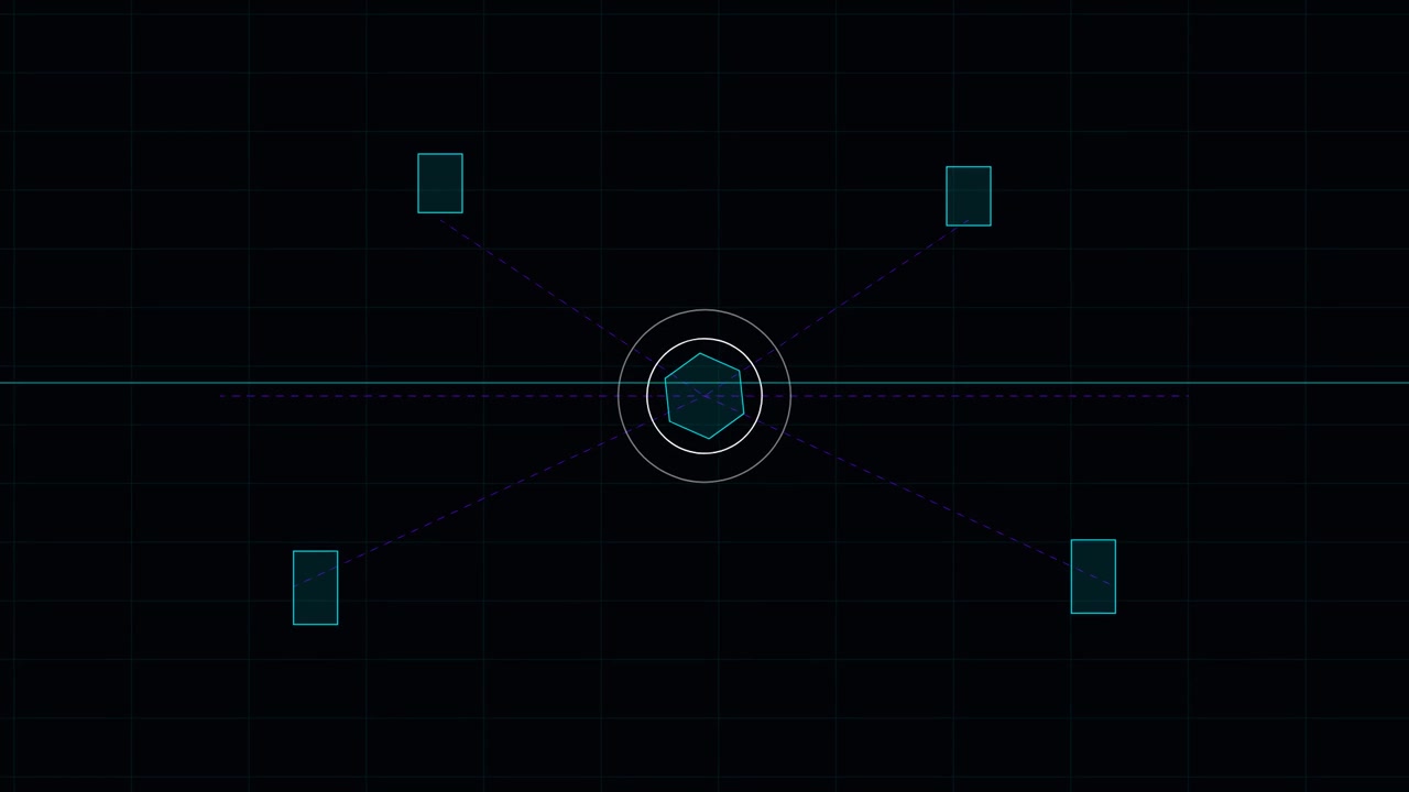 Digital HUD Interface with Pulsing Hexagon and Data Nodes