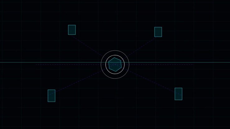 Digital HUD Interface with Pulsing Hexagon and Data Nodes