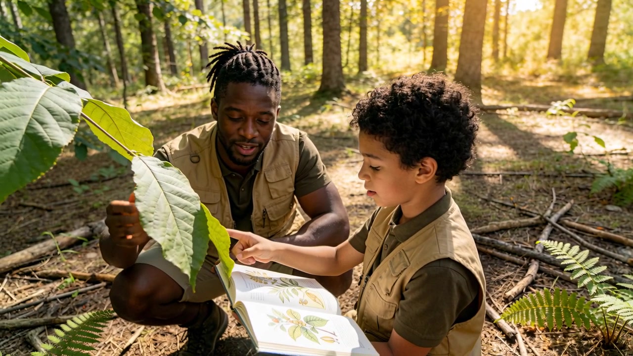 Child pointing, adult holding leaf, studying field guide identifying plant in clearing in tan vests