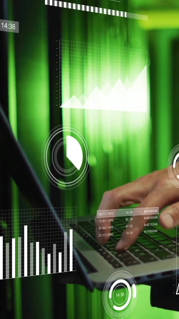 Animation of data processing over male worker using laptop in server room