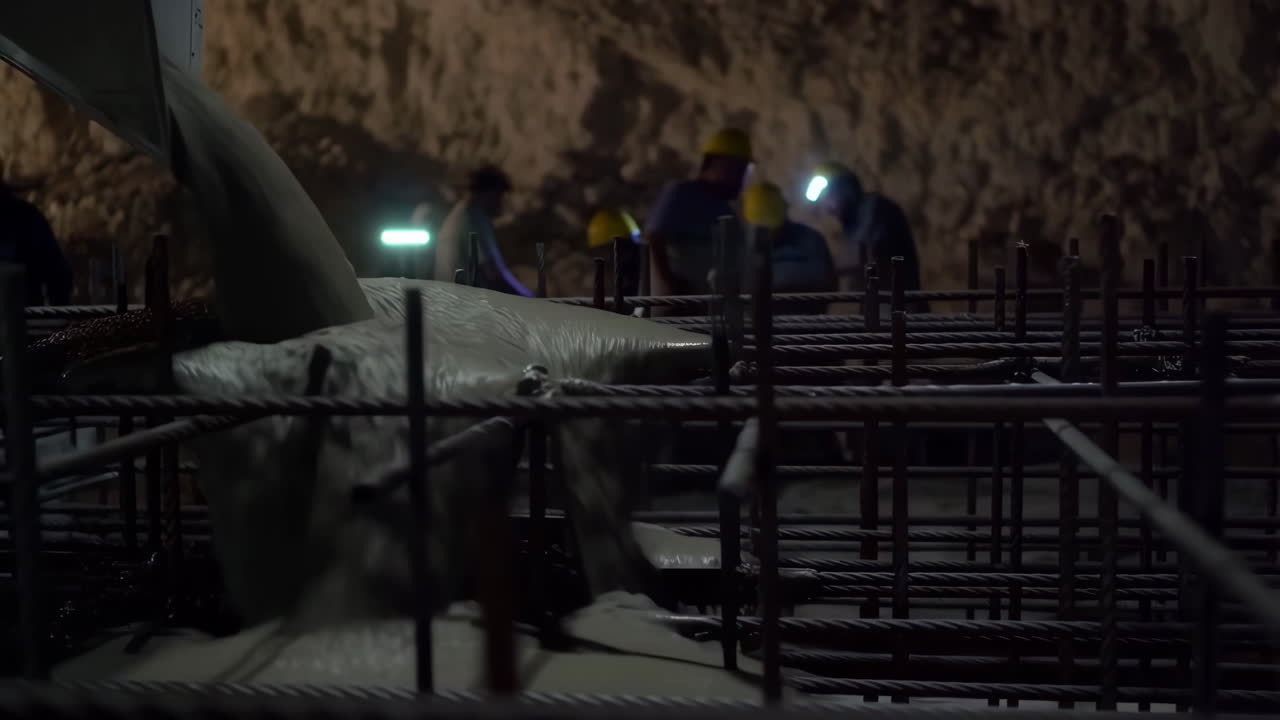 Concrete pouring in an underground construction site with workers