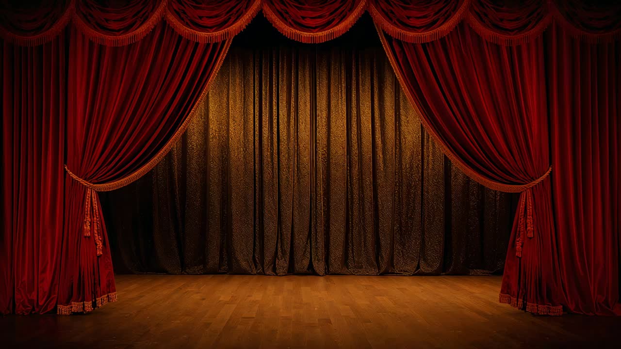 Parting inner drape and red drapes revealing gold backdrop at theater stage, lights making 3 pools
