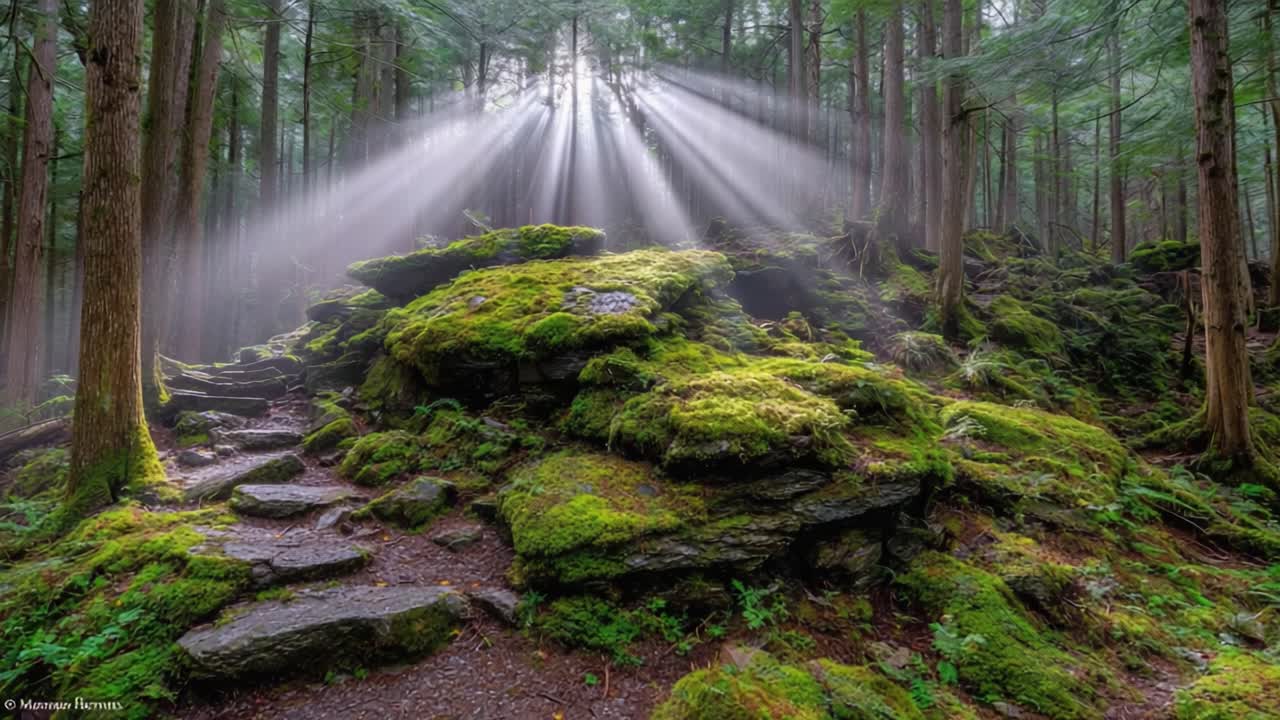 A Serene Forest Scene with Sunlight Streaming Through Trees Illuminating Moss-Covered Rocks and a Tranquil Trail, Creating an Enchanting Natural Atmosphere