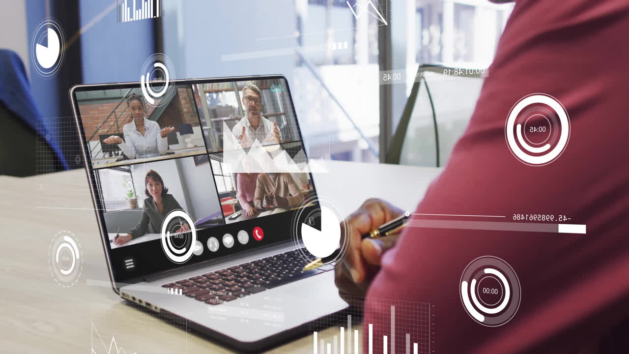 Animation of data processing and diagrams over diverse colleagues having video call