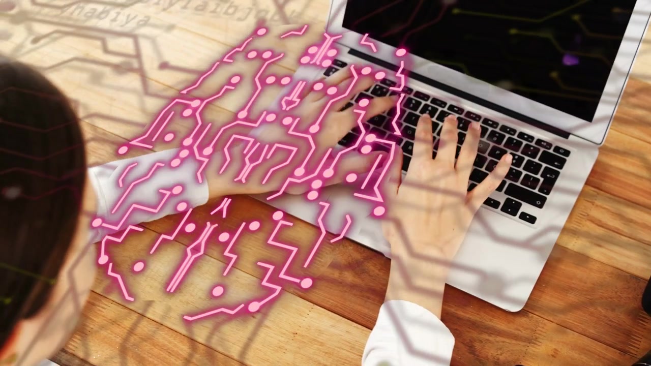 Woman typing, pink dots appearing on keys, forming neon circuit over keyboard and hands for content