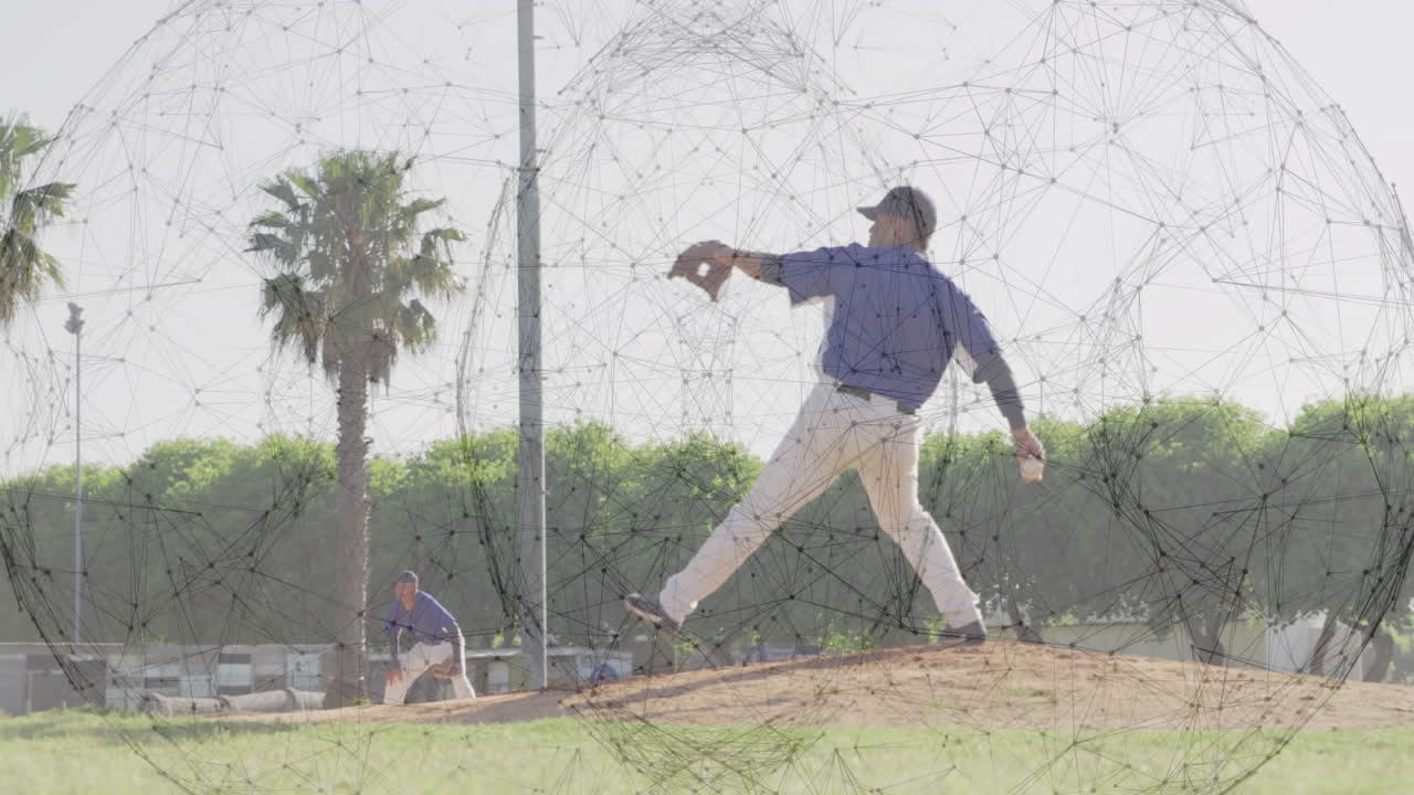 Baseball pitcher throwing ball with network of connections animation over field