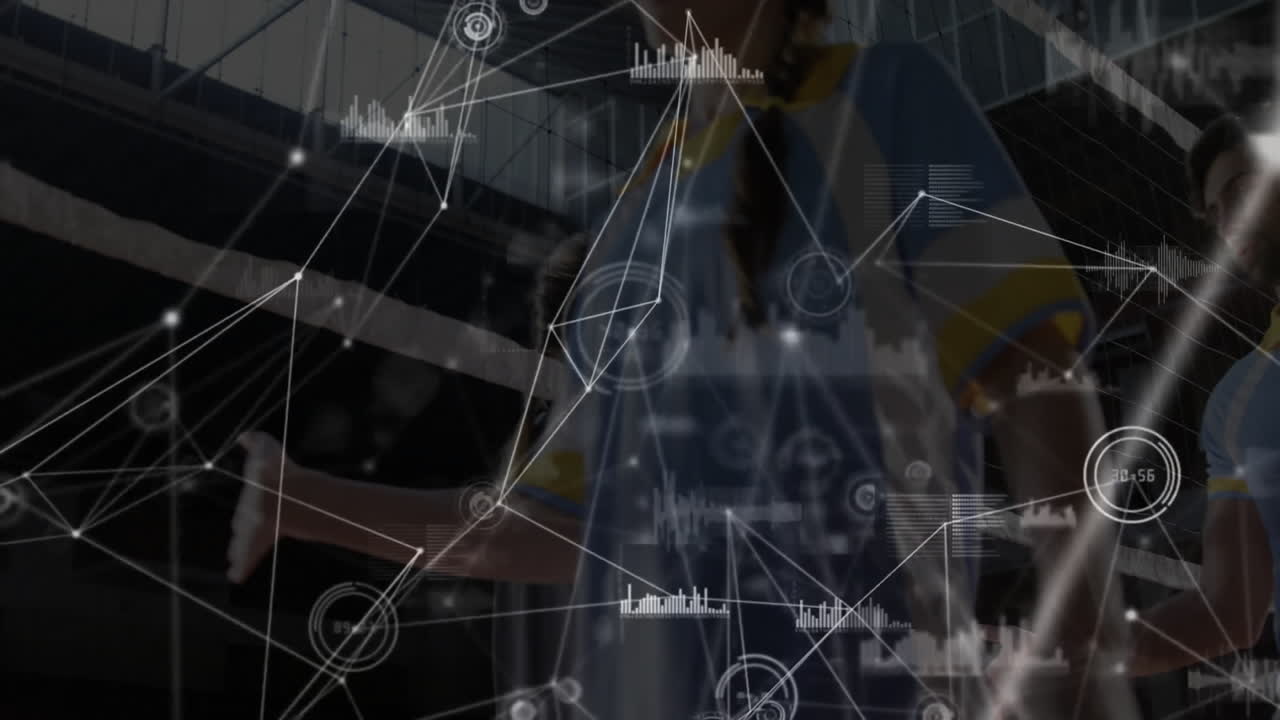 Network of connections and data processing animation over people working in office