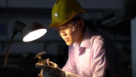 joven ingeniero asiático que trabaja y utiliza herramientas de medición de la calidad de las piezas metálicas. hombre que usa casco de seguridad con taller de trabajo. concepto de ingeniería, carrera, industria, fabricación, seguridad