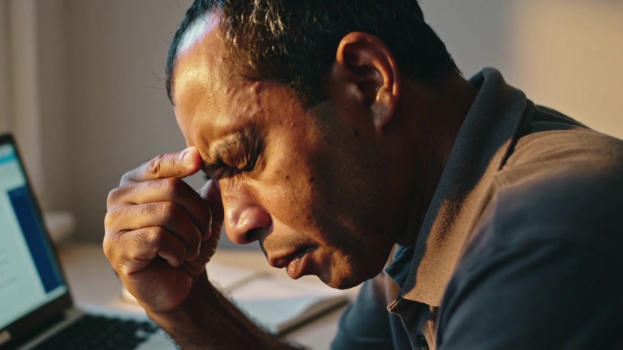 Reading laptop text, middle-aged man in polo rubbing brow, pinching nose at desk, laptop papers
