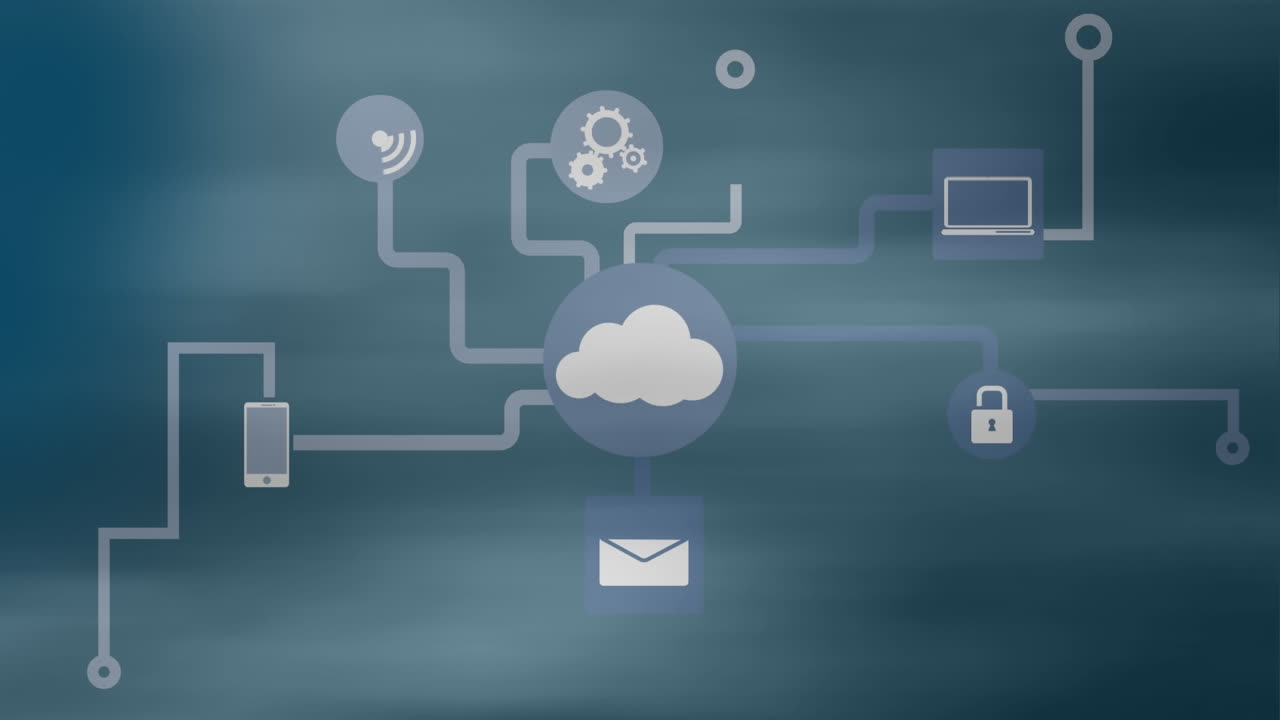 Animation of network of digital icons against blue blurred background