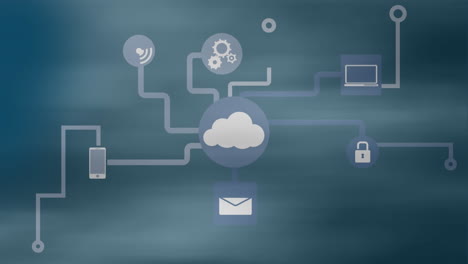 animation of network of digital icons against blue blurred background