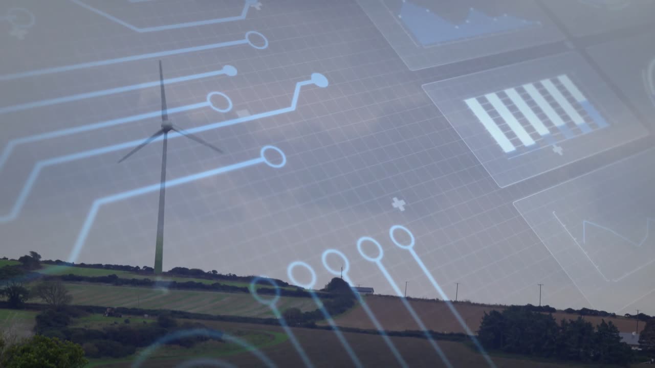 Circuit overlay sliding left and blades rotating while panels showing wind monitoring
