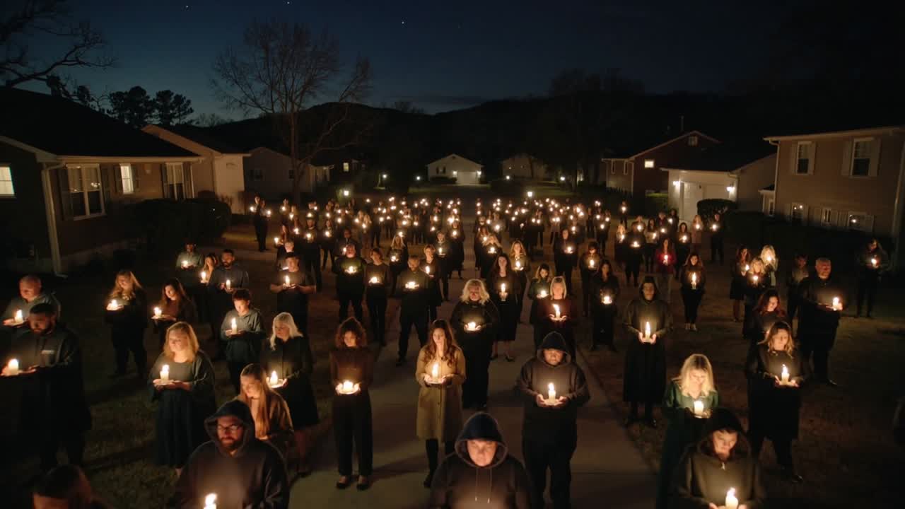 Responding to dusk deepening, neighbors holding lit candles and keeping vigil on residential street