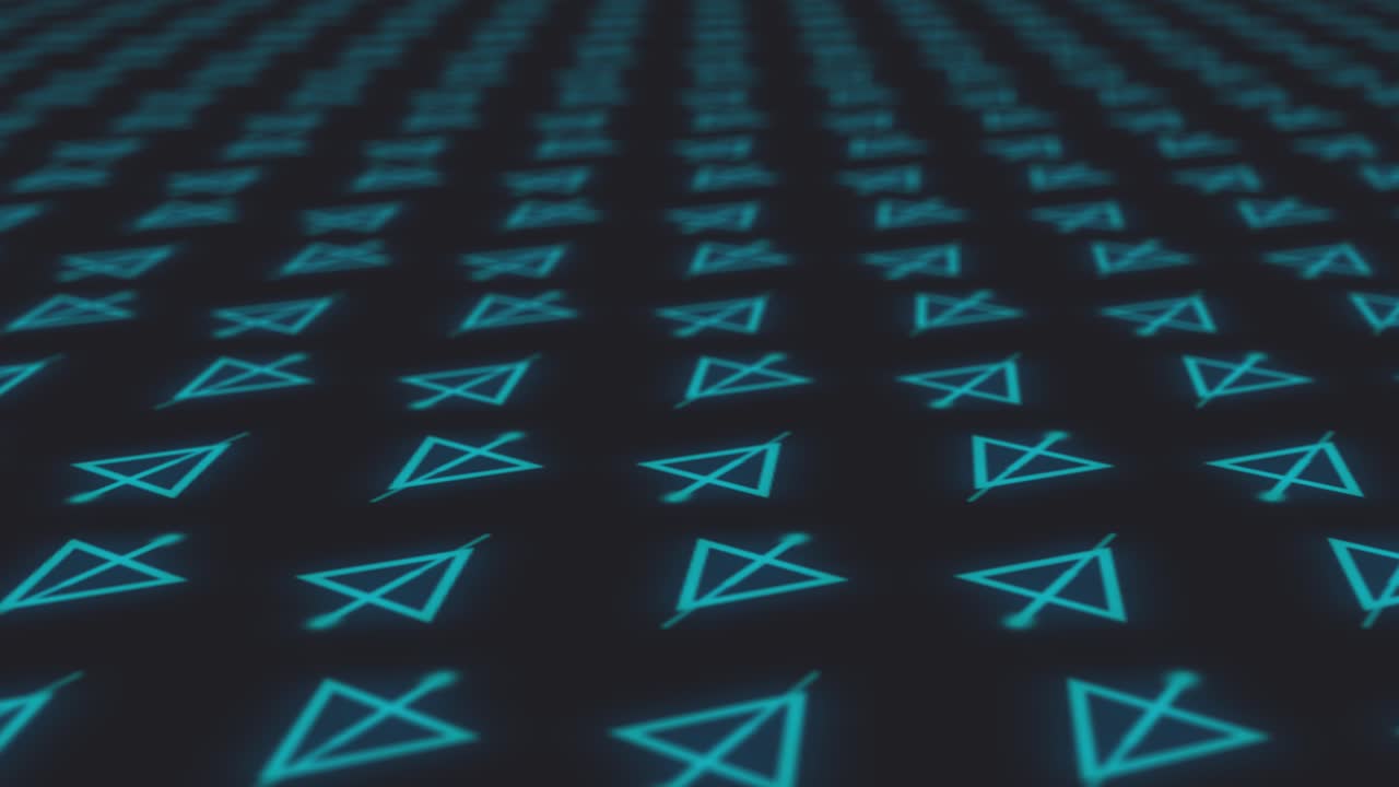 fondo geométrico abstracto animado con triángulos giratorios en mosaico y líneas en zigzag sobre un fondo gris oscuro con un esquema de color verde azulado, en una profundidad de campo poco profunda