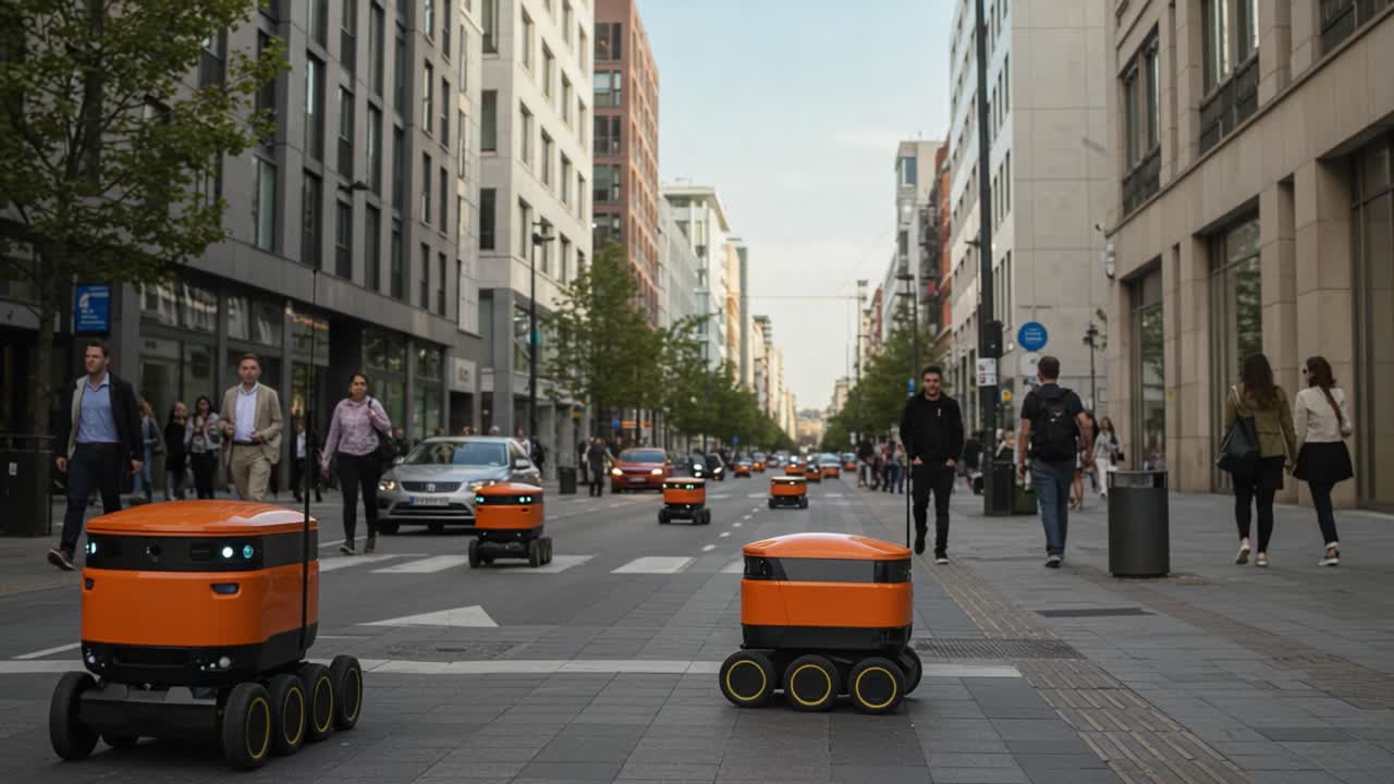 Exploring Urban Life: A Scene of Delivery Robots Navigating Through a Bustling City Street Among Pedestrians and Vehicles in Modern Architecture