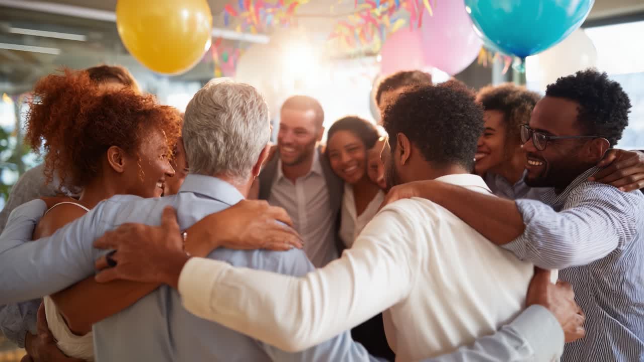 Festeggiamo insieme: un momento toccante di unità e gioia, con amici riuniti in gruppo che si abbracciano in un'atmosfera piena di palloncini colorati e decorazioni allegre
