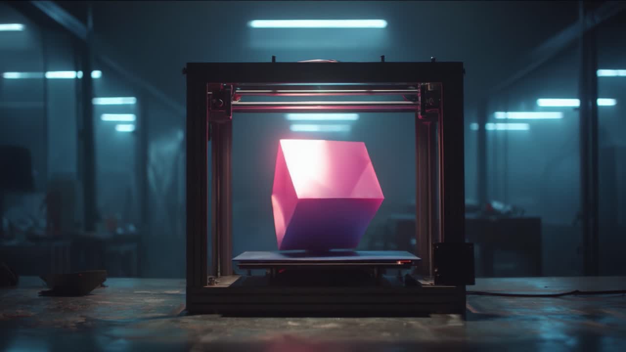 Hipnotyzująca podróż druku 3D: Przekraczanie granic z kolorową kostką w słabo oświetlonej atmosferze warsztatu.