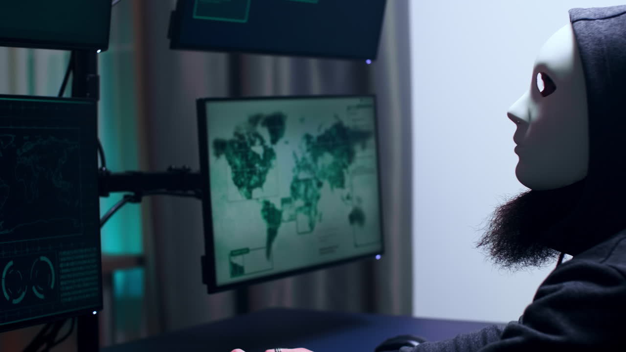 Side view of dangerous cyber criminal with white mask