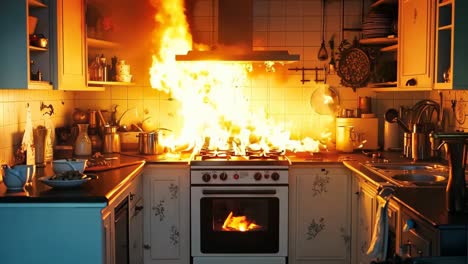 a kitchen with a stove that is on fire in the middle of it