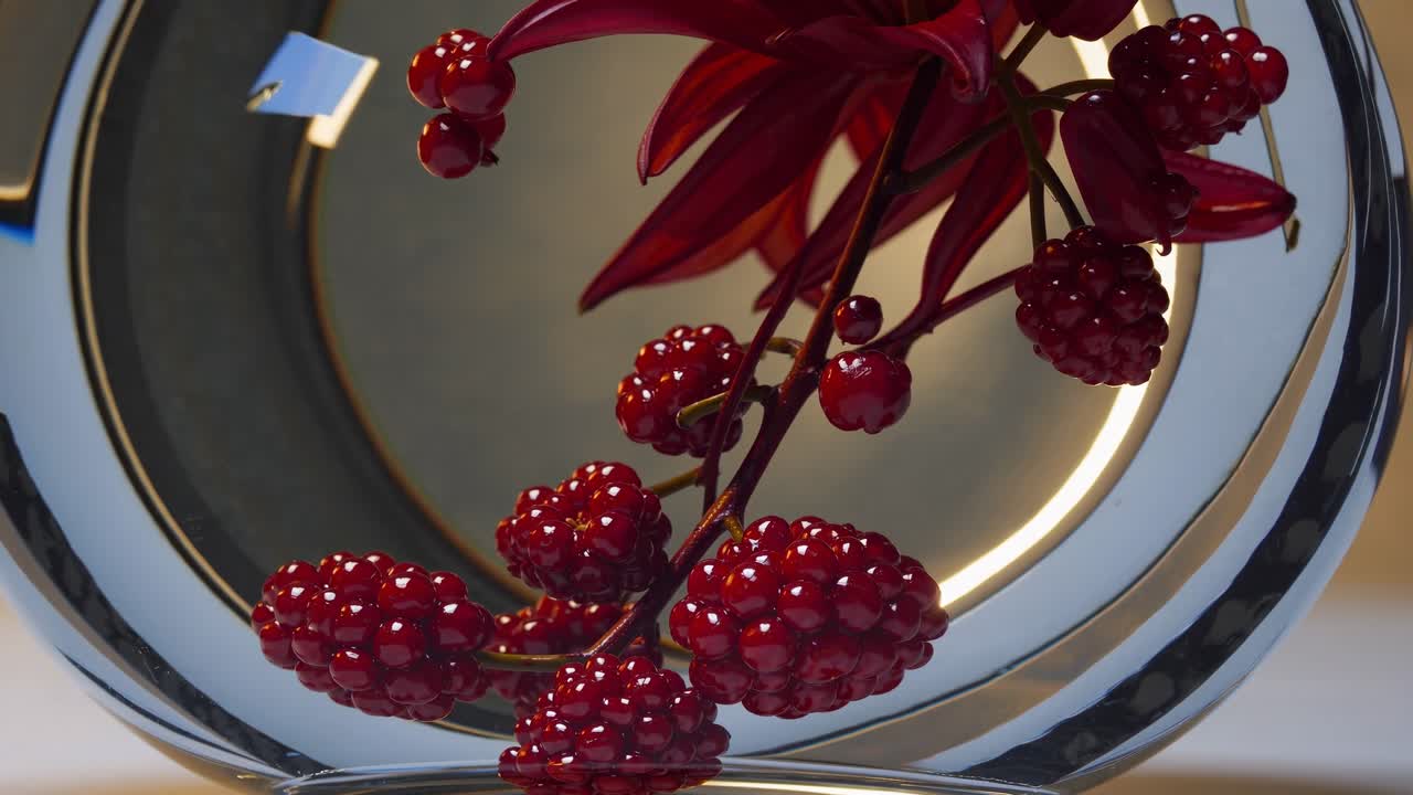 은 열매와 꽃잎은 은 유리와 색 표면에 대해 시각적으로 매력적인 대조를 만들어 단순하지만 정교한 미학을 제공합니다.