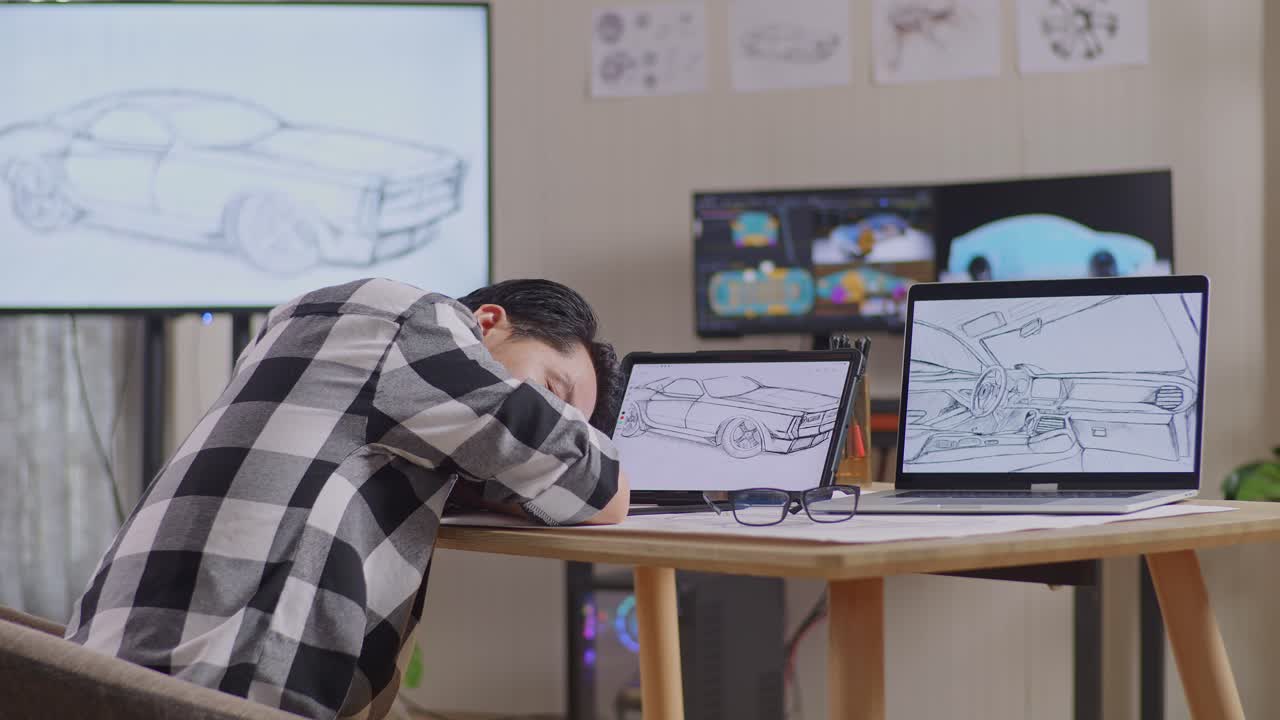 tv와 컴퓨터 디스플레이 3d 전기 자동차 모델을 가진 스튜디오에서 태블릿에서 새로운 자동차 디자인 컨셉을 그리는 동안 잠을 자는 아시아 남성의 측면 뷰