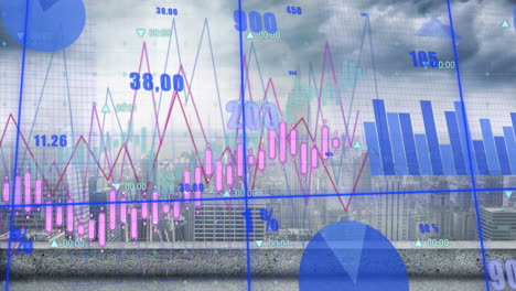 Animation-Von-Graphen-Und-Diagrammen-Zur-Datenverarbeitung-über-Einer-Wolkigen-Stadtlandschaft