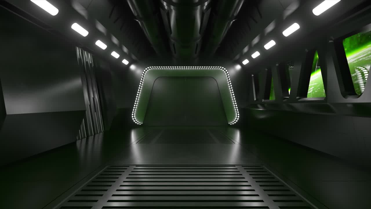 túnel de ciencia ficción en el espacio exterior con luz de neón. planeta tierra fuera de la ventana de la nave espacial. concepto de tecnología espacial. animación 3d de un bucle sin costuras