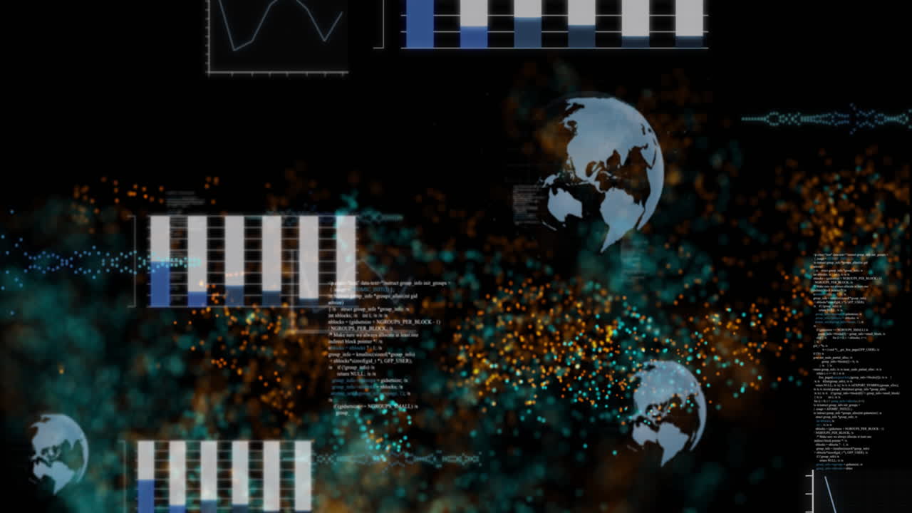 Animation of charts and graphs over digital globe with glowing particles background