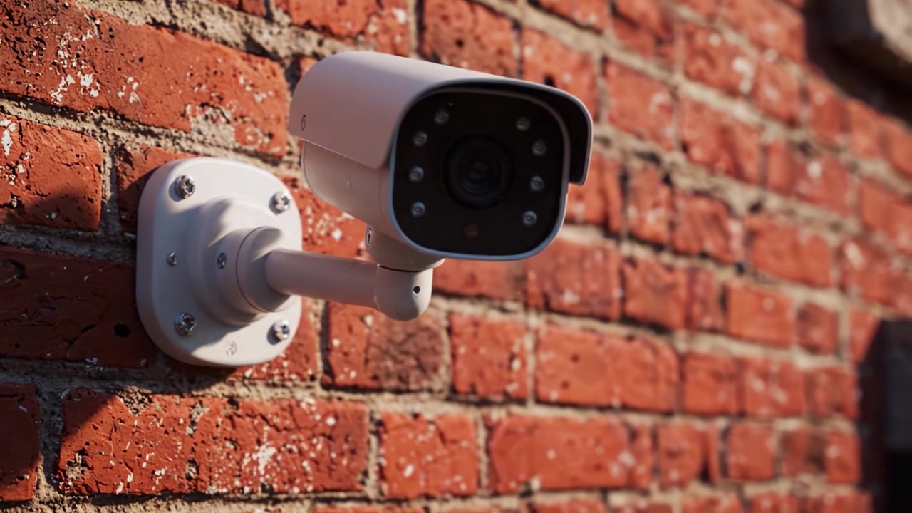 Surveillance Camera Mounted on Rustic Brick Wall Providing Security Monitoring and Protection in Urban Environment