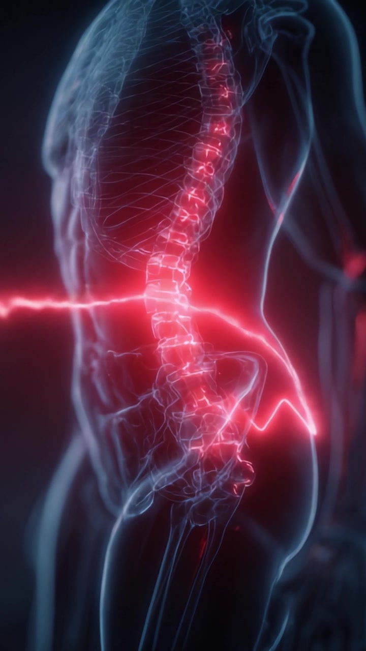 Visualisering af neural aktivitet: En detaljeret repræsentation af rygsøjlens dynamik og elektromagnetiske signaler i menneskekroppen.