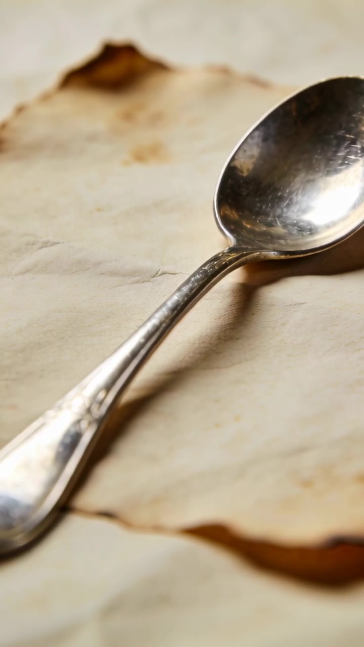 Vertical video: Shifting light showing silver spoon on parchment table with cam push and focus pull