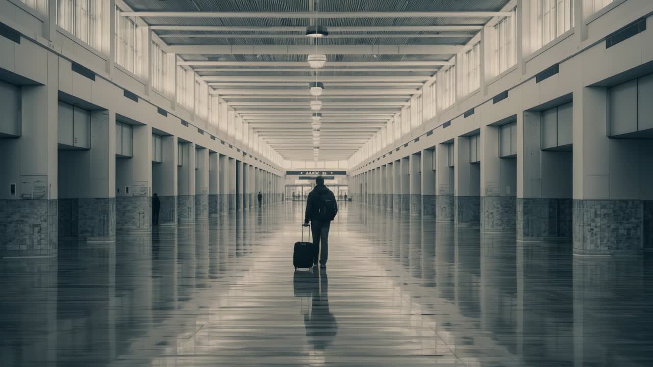 Entrando en el pasillo, viajero con chaqueta oscura arrastrando una maleta y una mochila hacia una abertura luminosa