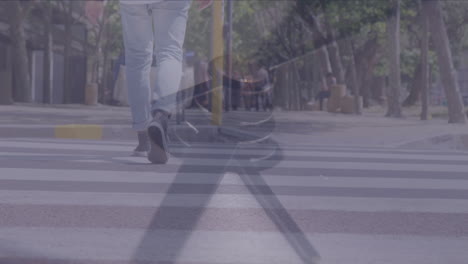 composite video of close up of a ticking clock against rear view of a man crossing the street