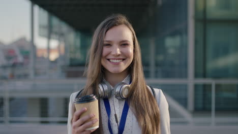 young beautiful brunette woman portrait smiling cheerful portrait of successful college student with headphones