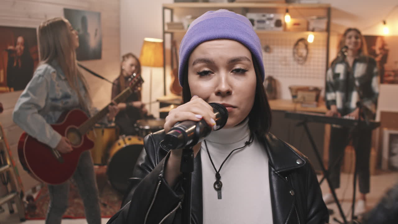 Cool Rock Girl With Band Giving Concert