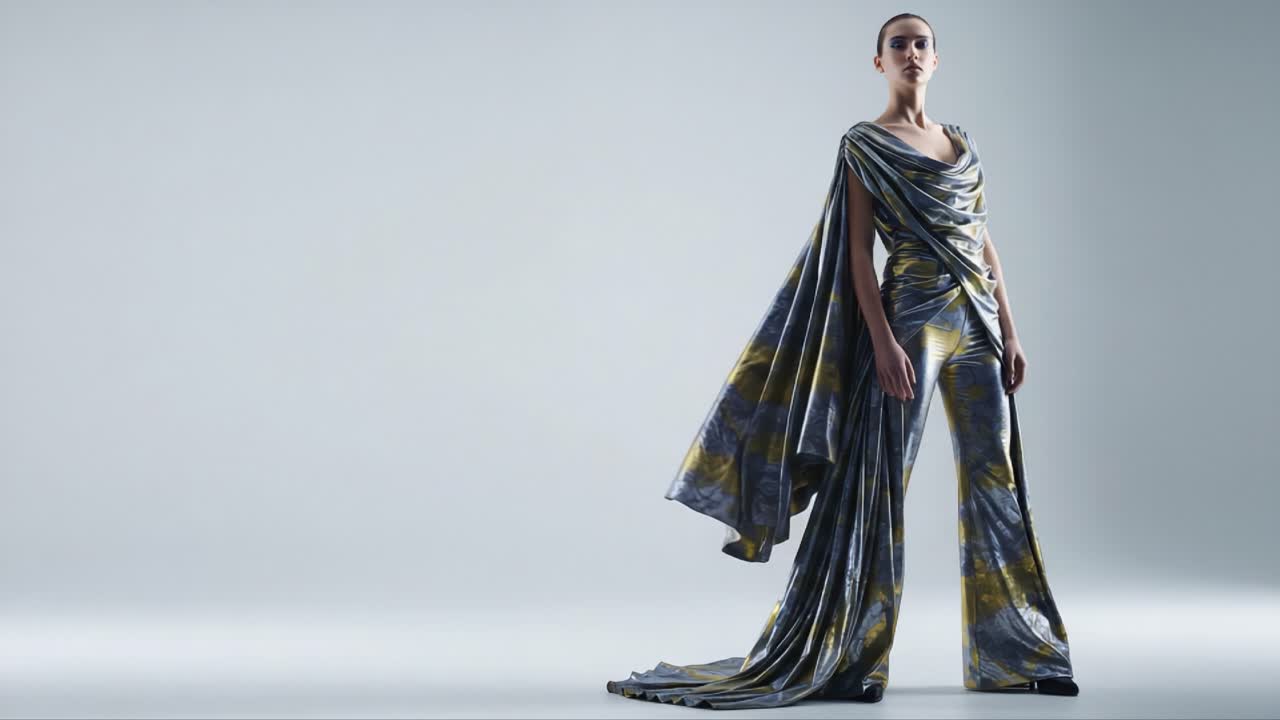 Fantastisk modeshow: En model udstråler elegance i et flydende metallisk sæt med unikke mønstre og dramatisk drapering i minimalistiske omgivelser